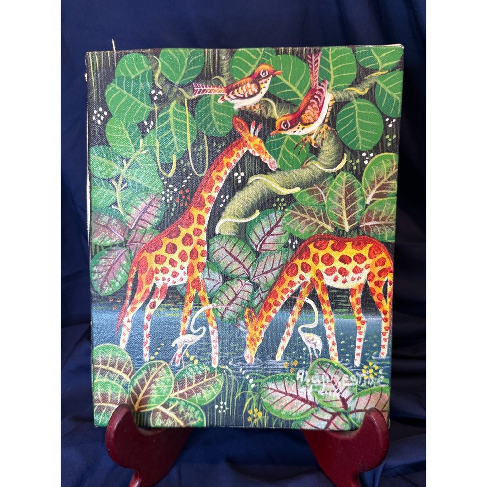Original Aland Estimé Signed Haitian Folk Art Painting – Giraffes & Jungle Scene